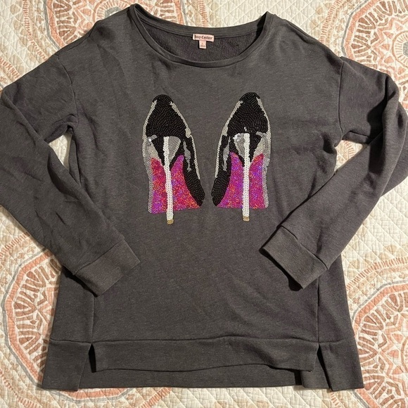 Juicy Couture High Heels Sweater Shirt Gray Sequin Large - Picture 1 of 6